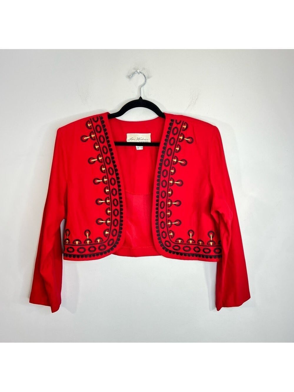 Vintage 80s Canadian made red black embroidered open cropped jacket blazer 14 - Picture 4 of 14